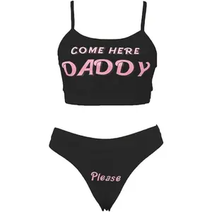 Sexy Women Come Here Daddy Please Strappy Lingerie Set 2PCS Underwear Tank Tops and Panty Pajamas Sleepwear Comfortable Two Piece springtok Womenswear Backless thong
