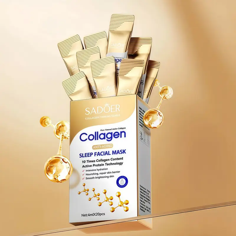 Sadoer Unscented Collagen Gel Overnight Facial Mask (20pcs) - Unisex Use Skincare for Adults, Smooth, Hydrating, Moisturizing, Easy-Absorbing, Non-Irritating, Portable No-Wash, Brightening, Damage Repair, All Skin Types, No Harsh Additives