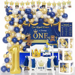 Prince 1st Birthday Party Decorations, 109 Pcs - Royal Prince Birthday Party Supplies with Our Royal Prince Is Turning One Backdrop, Balloon Garland, Cake Topper, Crown