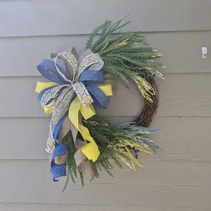 Curly Bow Grapevine Wreath with Blue and Yellow Ribbons and Greenery for Home Decor