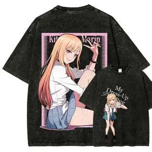My Dress-Up Darling Men's Unisex Fit Washed Round Neck Short-Sleeve Everyday Casual Streetwear T-Shirt Unisex Casual Cotton Top Men's T-Shirt  Vintage Washed Anime Print Tee Anime