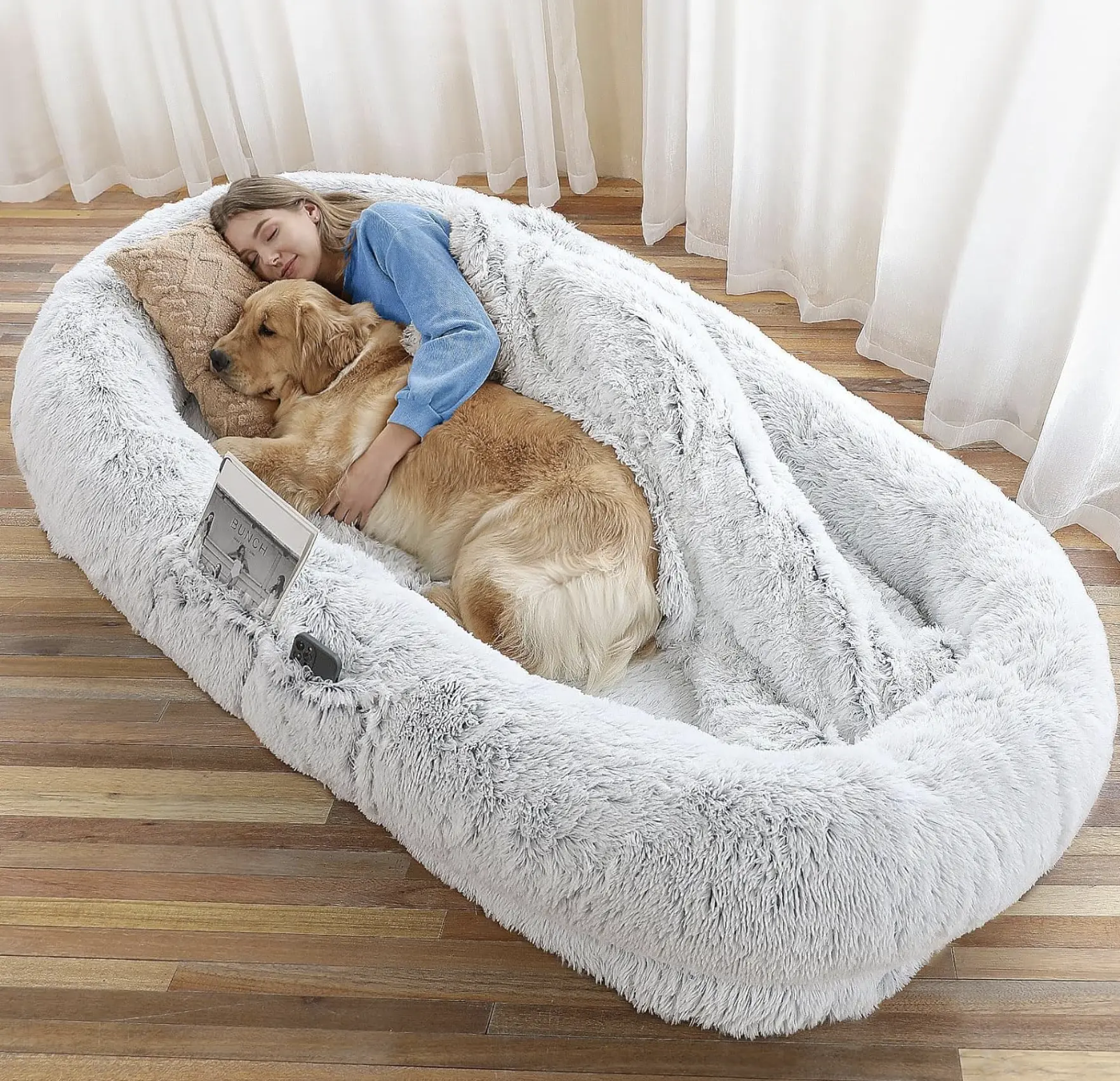 Human Dog Bed - 71"x45"x12" Fits You & Pets, Washable Faux Fur, Orthopedic, Plump Pillow, Blanket, Strap - Grey