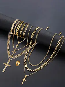 Men's Punk Style Jewelry Set, Unique Twisted Rope Pendant Necklace Bracelet Ring, Perfect Valentine's Day Gift, Father's Day Present, Alloy