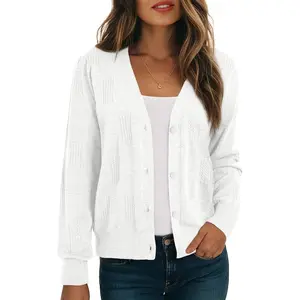 Women's Summer Long Sleeve Lightweight Cardigan Button Down Twisted Cable Knit Shrugs Sweaters