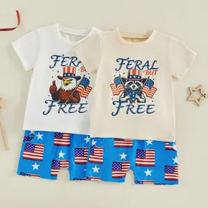 Afunbaby Kids Baby Boys 4th of July Outfits Set Short Sleeve Animal Eagle Print T-Shirt Tops and Shorts Toddler 2pcs Independence Day Clothes Set