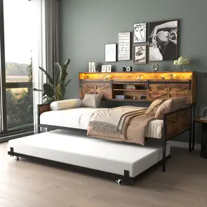 Twin Size Daybed Frame with Trundle, LED Lights and Charging Station, Rustic Farmhouse Twin Platform Bed Frame with Sliding Barn Door Headboard, Heavy Duty Metal Twin Sofa Bed for Living Room Bedroom Guest Room, Brown