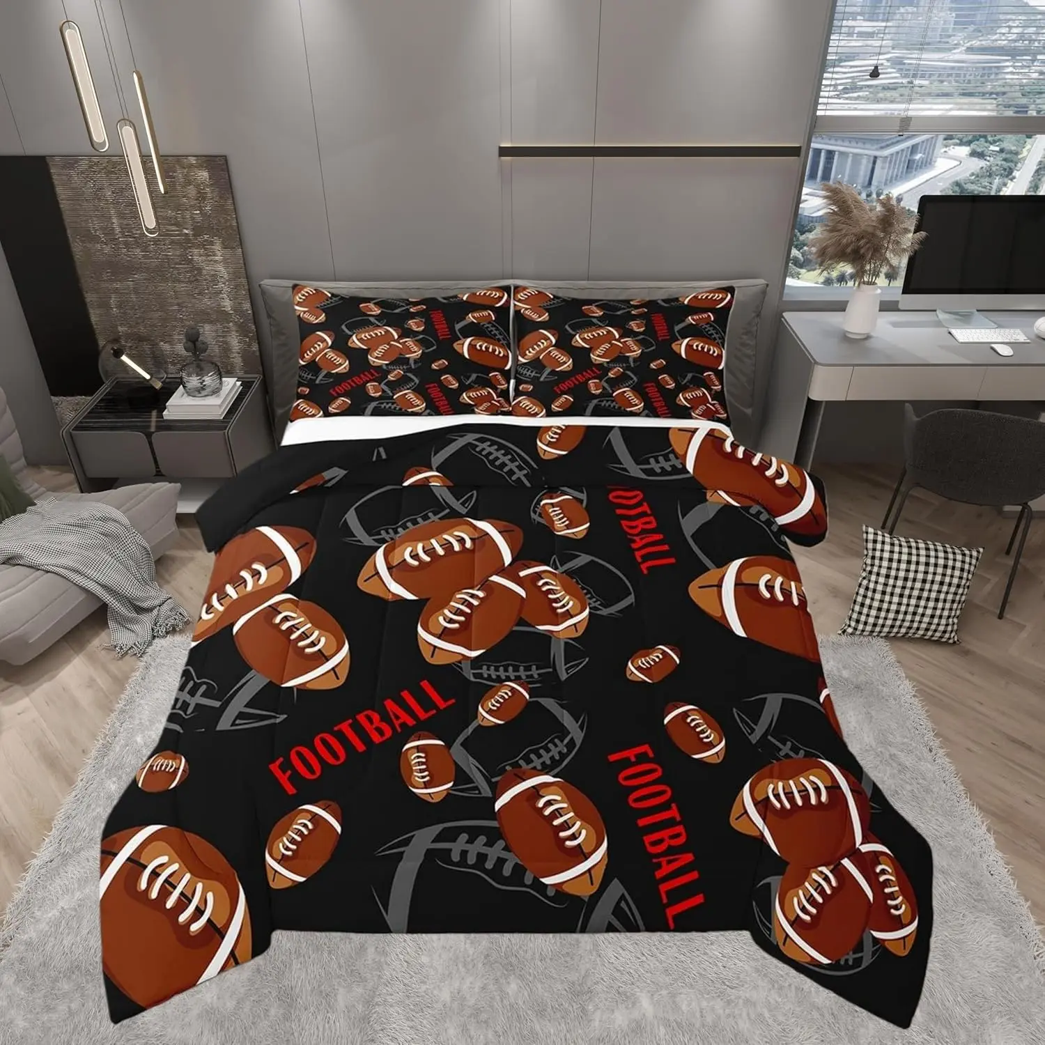 Orange Football Comforter Set,Sports American Football Bedding Set Adults Ball Gaming Comforter,Black and White Quilted Duvet Set Bedroom Collection