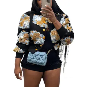 Women's Cropped Floral Bomber Jacket Puff Sleeves Lightweight Fleece Shacket Button Down Varsity Coat Outwear