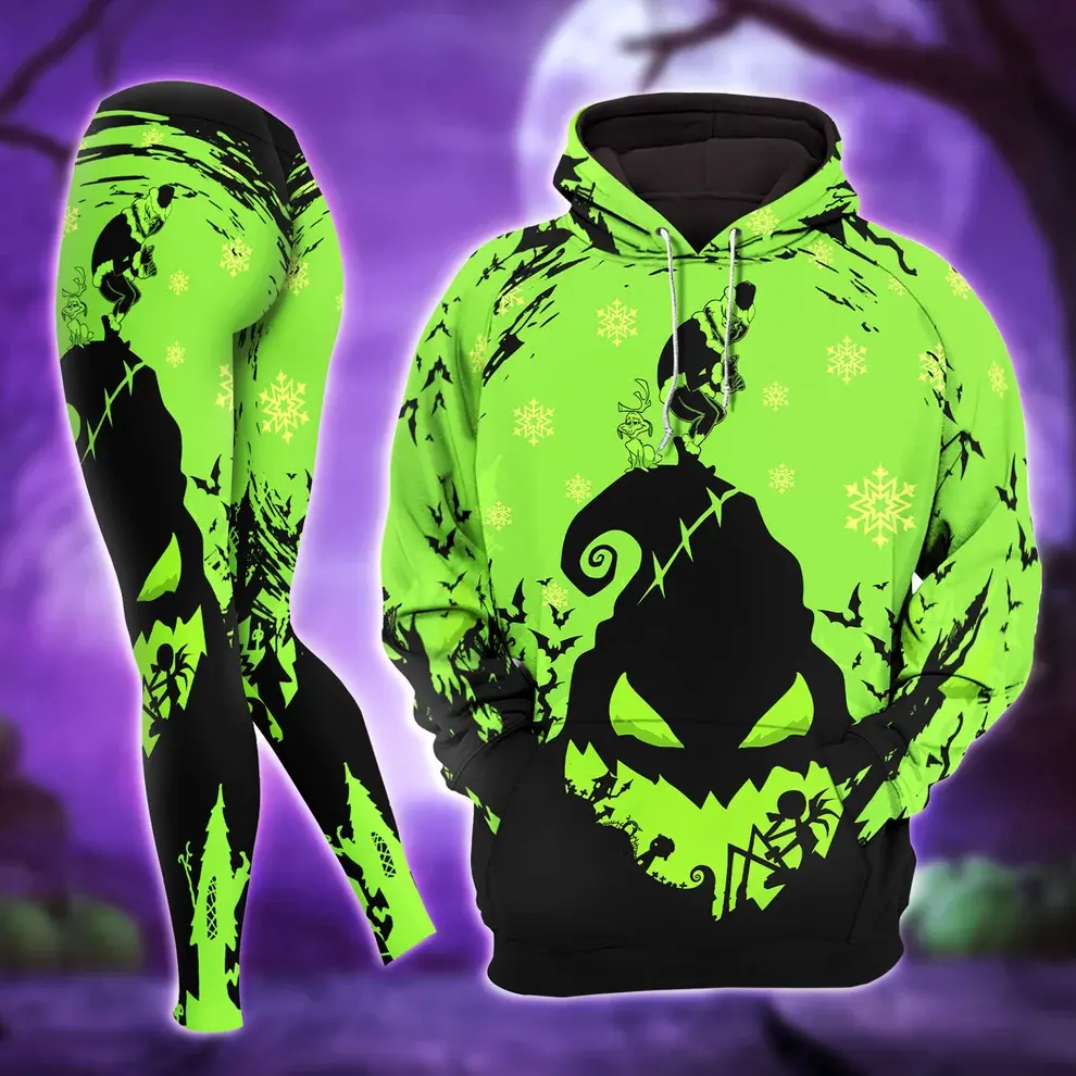 Green Holiday Villain Hoodie and Leggings Set, Spooky Pumpkin 3D Print Tracksuit, Gothic Christmas Halloween Matching Two Piece Outfit for Women