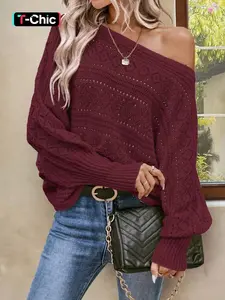 Spring Summer Plain Boat Neck Loose Fit Batwing Long Sleeve Sweater, Breathable Casual Pullover for Women, Stylish Daily Wear