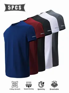 Five-Pack Men's Solid Sport T-Shirts, Geometric Stripes, Moisture-Wicking, Breathable, Multiple Colors, Ideal for Gym, Training, Running