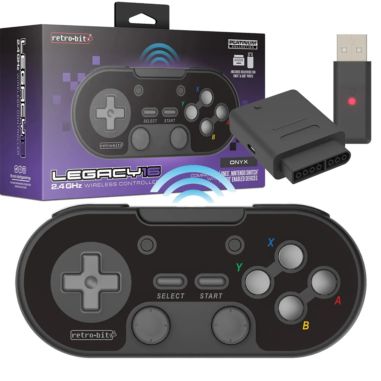 Legacy16 2.4GHz Wireless Controller for SNES, Switch, and USB Devices - Onyx