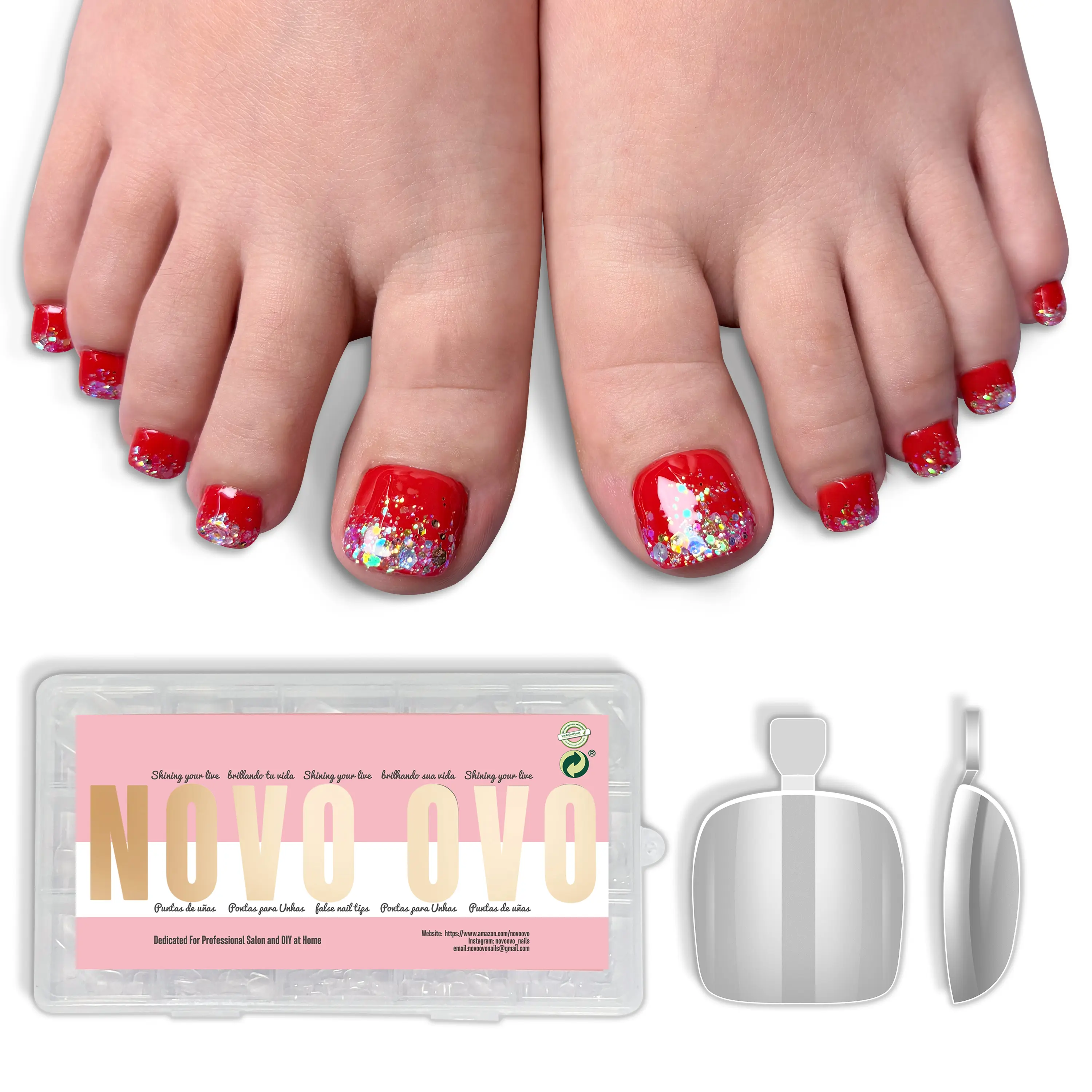 NOVO OVO Square Round Toe Nail Tips Press on Full Cover, Soft Gel False Toenail Extension Kit, Clear Matte Inside Fake Nails for Salon DIY Pedicure x 15 Sizes 150 Pcs【NO GLUE,TOP COAT AND LIGHT】