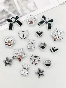 16PCS Vintage Black Heart Star Bowtie ABS Shoe Charms, Shoe Embellishment Set, DIY Decorations Bling Silvery Bear Bowknot Shoe Buckles Accessories Round Rhinestone Clogs Shoe Clips Beach Bag Ornaments Birthday Party Gifts