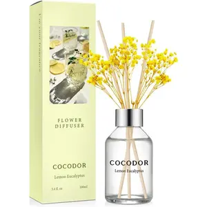 COCODOR Flower Reed Diffuser Set / 3.4oz / Lemon Eucalyptus/Scent Diffuser with Sticks Home Fragrance Reed Diffuser for Shelf