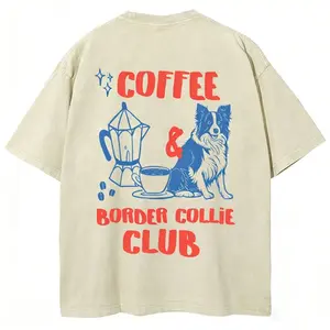 Coffee Border Collie Club T-shirt, Unisex Casual Cotton Comfort Shirt, Vintage CrewNeck Acid Washed Oversized Drop Shoulder Heavyweight T-shirt, Baggy Workout Tops Short Sleeve Shirt
