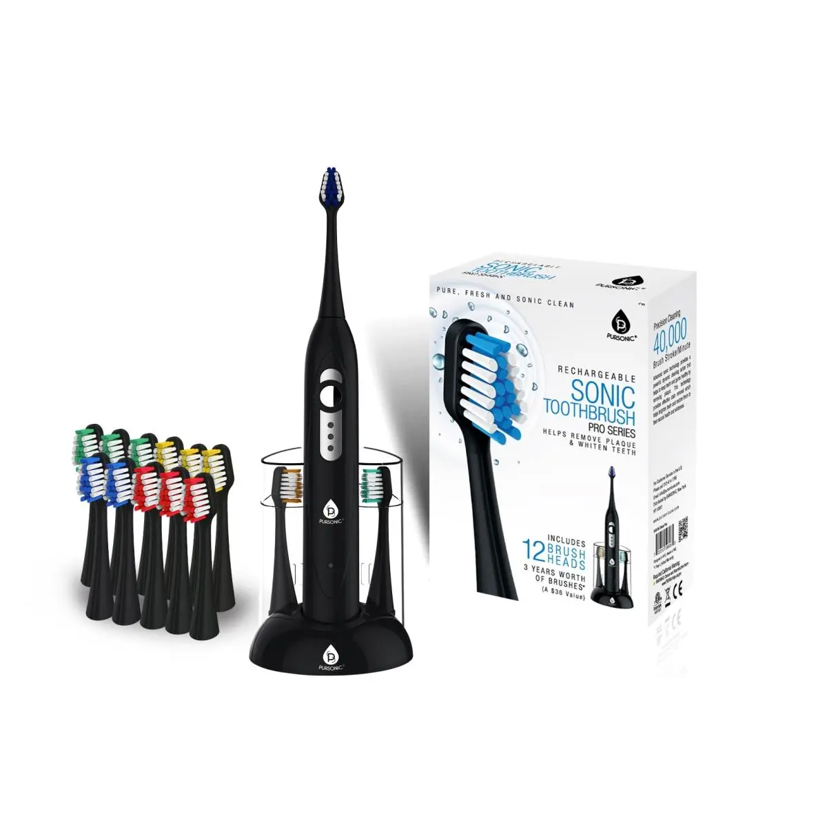 Pursonic Rechargeable Electric Toothbrush Set for Adult Dogs & Cats - 12 Soft Brush Heads, Black, Sensitive Bristles, Removes Plaque, Gum Massage, Built-In Timer, 3-Way Sensitive Mode