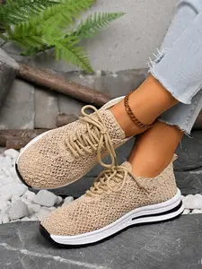 Women's Spring New Thick Sole Casual Sneakers, Breathable Anti-Slip Textile Upper, High-End Big Size Travel Shoes