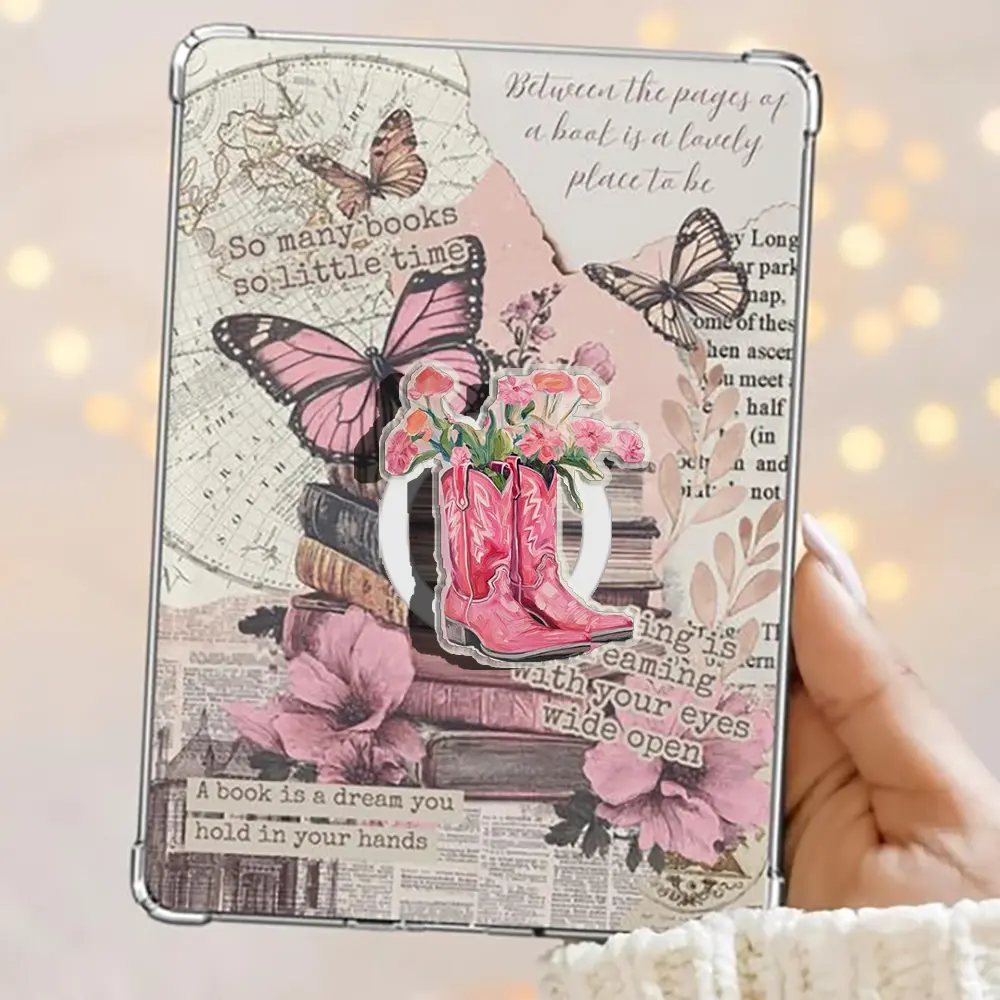 Pink Flowers Boots Cowgirl Kindle Grip Magnetic Pop Socket Phone Grip Vibrant Color Phone Bookish Grip Kindle Grip Popsocket