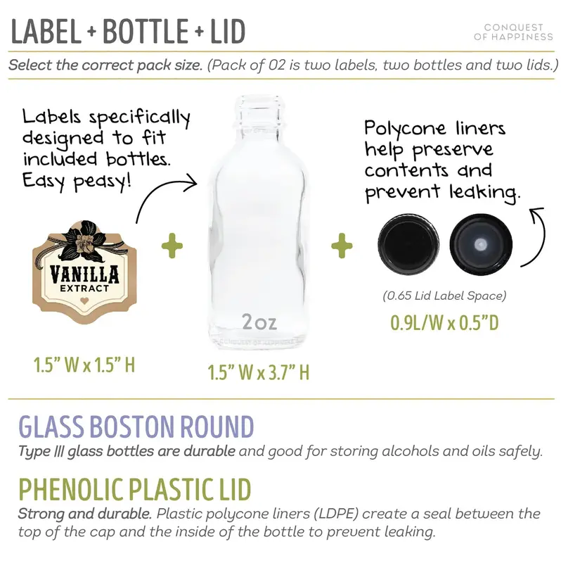 Vanilla Extract Labels with 2 oz Glass Bottles - Handmade by Conquest of Happiness Plastic Round 2