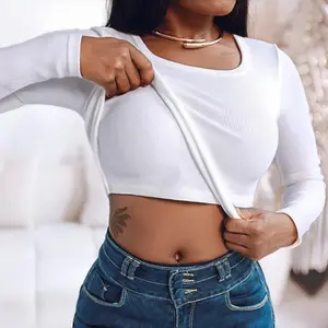 ChicMe U Neck Long Sleeve Built In Bra Shirt Casual Seamless Slim Fit Top/Women's Seamless Camisole with Bra