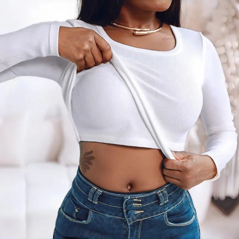 CHICME U Neck Long Sleeve Built In Bra Shirt Casual Seamless Slim Fit Top/Women's Seamless Camisole with Bra