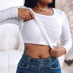 CHICME U Neck Long Sleeve Built In Bra Shirt Casual Seamless Slim Fit Top/Women's Seamless Camisole with Bra