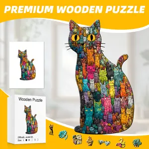 Advanced Wooden Cat Puzzle Board, Colorful Art Jigsaw for Adults & Kids, Irregular 3D Wood Puzzle, Unique Animal Style Holiday Toy Gift