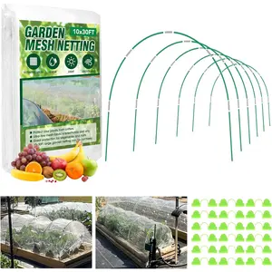 Garden Netting Kit, 10x30FT Ultra Fine Mesh Netting ＆6 Sets of 8FT Fiberglass Garden Hoops for Raised Beds, Vegetable Plants Fruits Flowers Birds Animals Barrier Protection Net