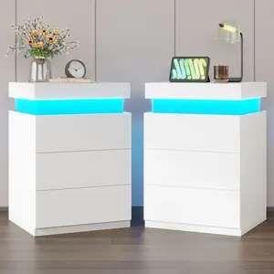 SIKAIC Modern Nightstand with Charging Station, LED Lights, Sliding Top and Drawers - Bedroom Bedside End Side Table (Nightstands with Drawer)