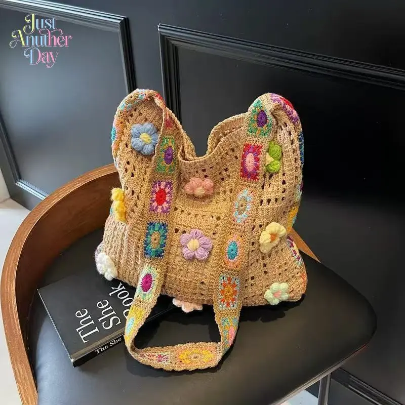 Boho Crochet Flower Tote Bag, Colorful Floral Knitted Shoulder Bag, Large Capacity Vacation Beach Bag for Women's Spring & Summer Commute