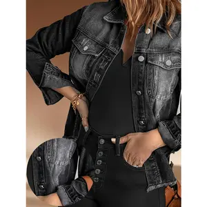 Oversized - Women's Oversized Black Denim Jacket - Oversized distressed streetwear jacket with button front closure, non stretchy denim construction and sturdy collar - Stimulating casual jacket suitable for daily and formal wear, essential for spring/aut