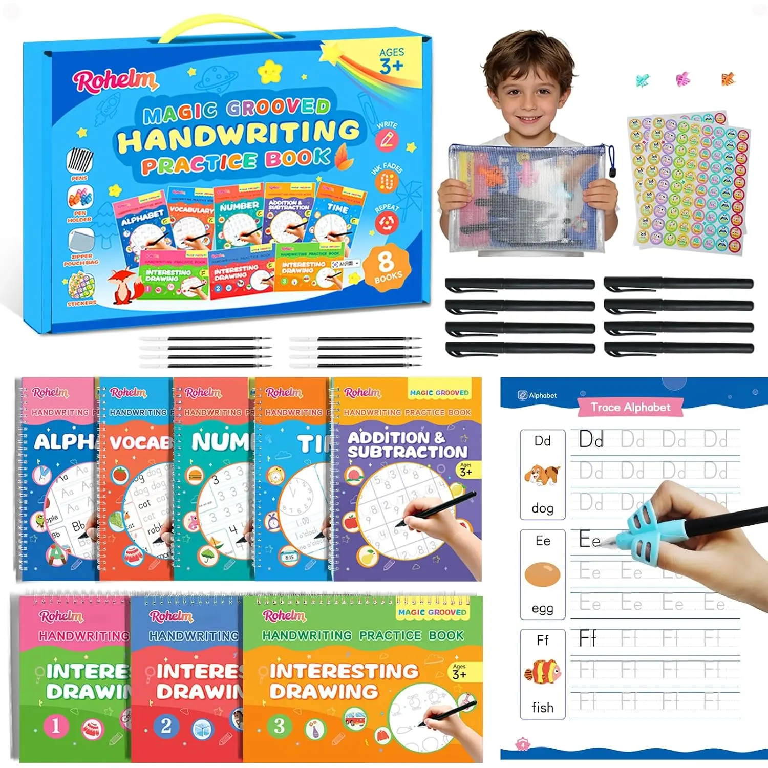 8-Pack Magic Grooved Reusable Auto-Erase Ink Books - English Calligraphy Practice, Time Telling Workbook, Screen-Free Eye-Protecting Educational Supplies for 3+ Years Old Toddlers (Preschool Homeschool Use)