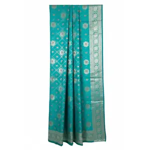 Teal Banarasi Saree with Heavy Embroidered Pink Blouse - Ready to Wear