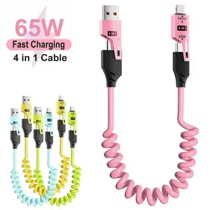JOYTUTUS 65W Spring Short Data Cable 6A USB Type C 4 in 1 Telescopic Quick Charger Wire for iPhone iPad MacBook Durable Chemical-Free Fast Charging Cable