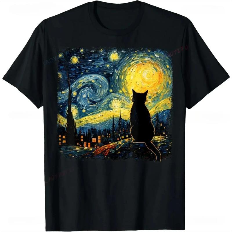 Van Gogh Starry Night Black Cat T-Shirt, Aesthetic Cat Lover Art Tee