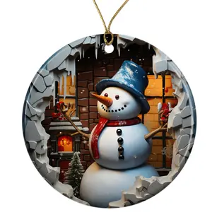 Cute 3D Snowman Ceramic Ornament - Breakthrough 3D Effect Burst Illusion Kids Ornament - 3 Inch Christmas Tree Round Ornament - Xmas Holiday Decor - String Included - ORNW0100