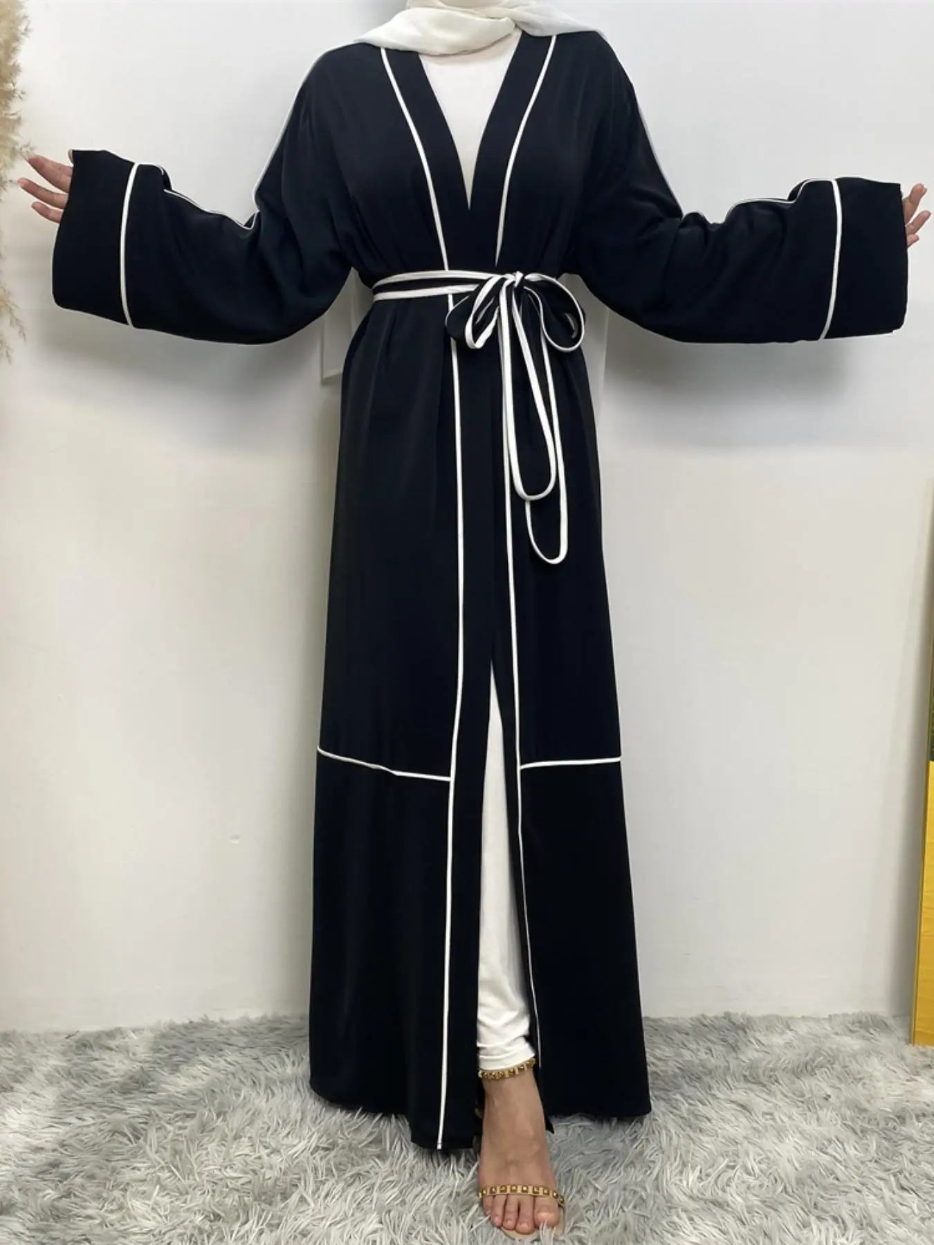 Arabic Clothing- Contrast Binding Belted Abaya, Casual Long Sleeve Open Front Abayas, Muslim Islamic Clothes