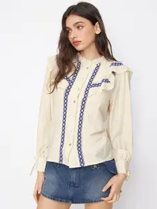 Cider Linen-blend Stand Collar Long Sleeve Embroidery Ruffle Trim Knotted Blouse