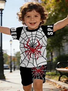 Classic hero style! Red and white contrasting color spider web print baby short-sleeve set, casual kids' wear for babies, suitable for daily and outdoor sports. The T-shirt is made of 100% polyester, a perfect gift for infants and toddlers!
