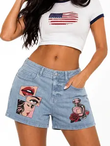 JR JEANIUS WEAR women’s high waisted stretch light wash denim shorty shorts, trending curvy tall comfy summer fall bottoms, shorts para mujer for going out, retro pop art print with lady face lips perfume rose heart graphic distressed jean