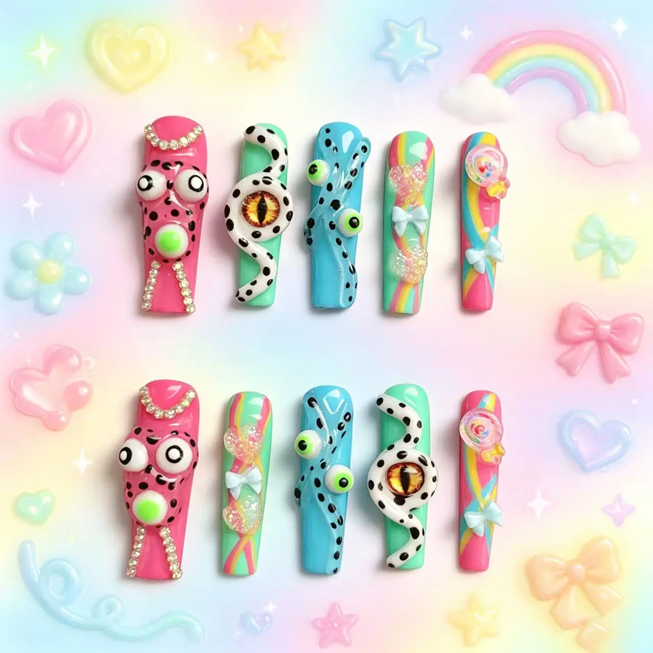 Extra-Long Coffin Press-On Nails | Whimsical Nail Art | Glamorous Party Nails | Salon-Quality False Nails，Long Nails，Handmade Nails，Easy DIY Manicure，Reusable Nails