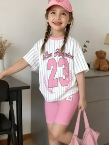 Korean Style Girls' Sweet & Cool Striped Coordinated Outfit, Number 23 Printed Short Sleeve & Pink Shorts, Stylish Kids Wear for Summer, Summer Outfits Set, Striped Sets