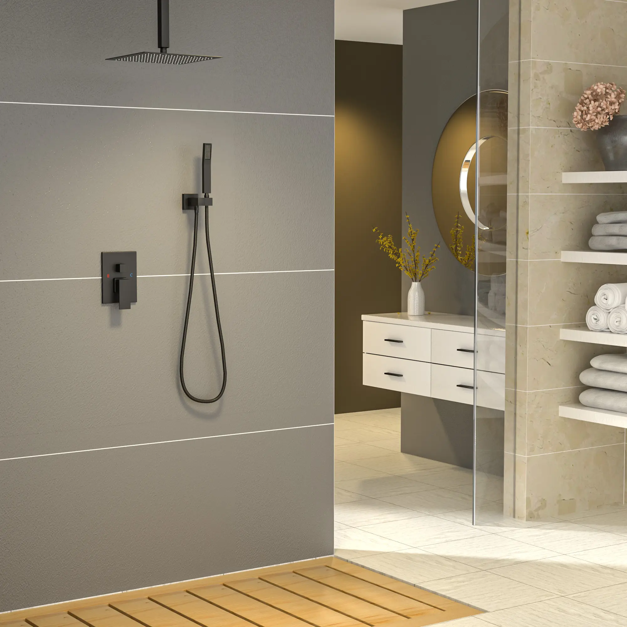 Sarlai Ceiling Mount Slide Bar Shower Faucet Set, Ceiling Shower Slide Bar Kit with Handheld Sprayer Pre-Buried Valve, 10 Inch Square Rain Shower Head System