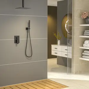 Sarlai Ceiling Mount Slide Bar Shower Faucet Set, Ceiling Shower Slide Bar Kit with Handheld Sprayer Pre-Buried Valve, 10 Inch Square Rain Shower Head System