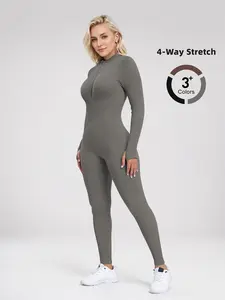 Women's Sporty Long Sleeve Zipper Jumpsuit, High Neck Tight-Fitting Fitness, Comfortable All-Season Activewear, Workout Jumpsuit