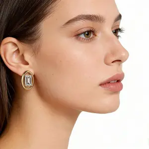 18K Gold Plated Non Tarnish Hypoallergenic Earrings for Women 2026 Trendy Emerald Cut Clear Crystal Oval Stud Earrings Minimalist Geometric Dainty Fashion Jewelry for Everyday Wear Office Date Night Party Holiday Gift for Her US Local Fast Shipping