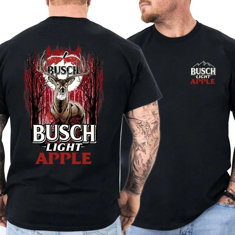 Busch Light Apple Hunting T-Shirt – Official Beer Merchandise for Hunters and Outdoorsmen, White Cotton Tee with Chest Logo, Large Deer and Apple Graphic on the Back, Unisex Apparel for Men Streetwear, Summer Outfits 2025 graphic tees shirt men men gifts