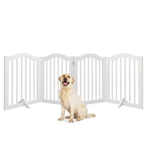 Brown 4-Panel Freestanding Pet Gate 80x0.71x27.56 Inch Thickened MDF Wooden Fence 360° Flexible Foldable Anti-Scratch Anti-Slip Space-Saving Barrier for Indoor Doorways Stairs