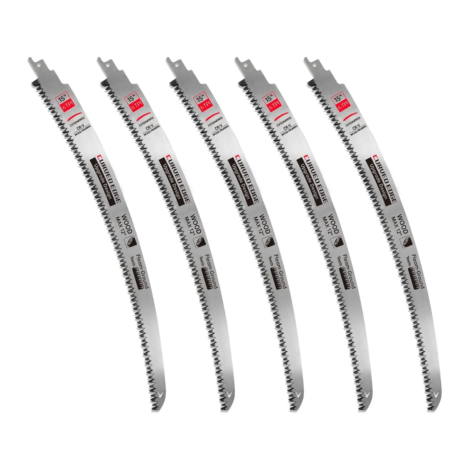5 Pack 15 Inch 6 Tpi   Reciprocating   for   and Tree Trimming, Cr-V Sawzall  with Curved Edge and Fleam-Ground  for Longer Life and Faster  Speed